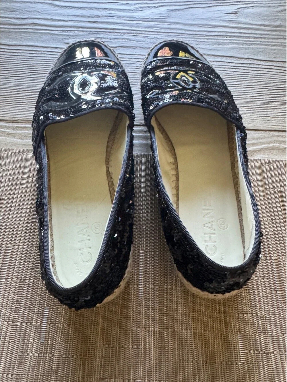 Chanel Tweed Patent Goatskin Sequin Espadrilles Flats EU40